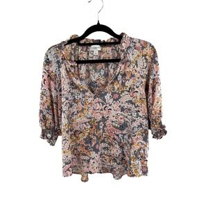 EVERVE Womens Floral Print Ruffled Neck‎ 3/4 Sleeve Blouse Top Size S